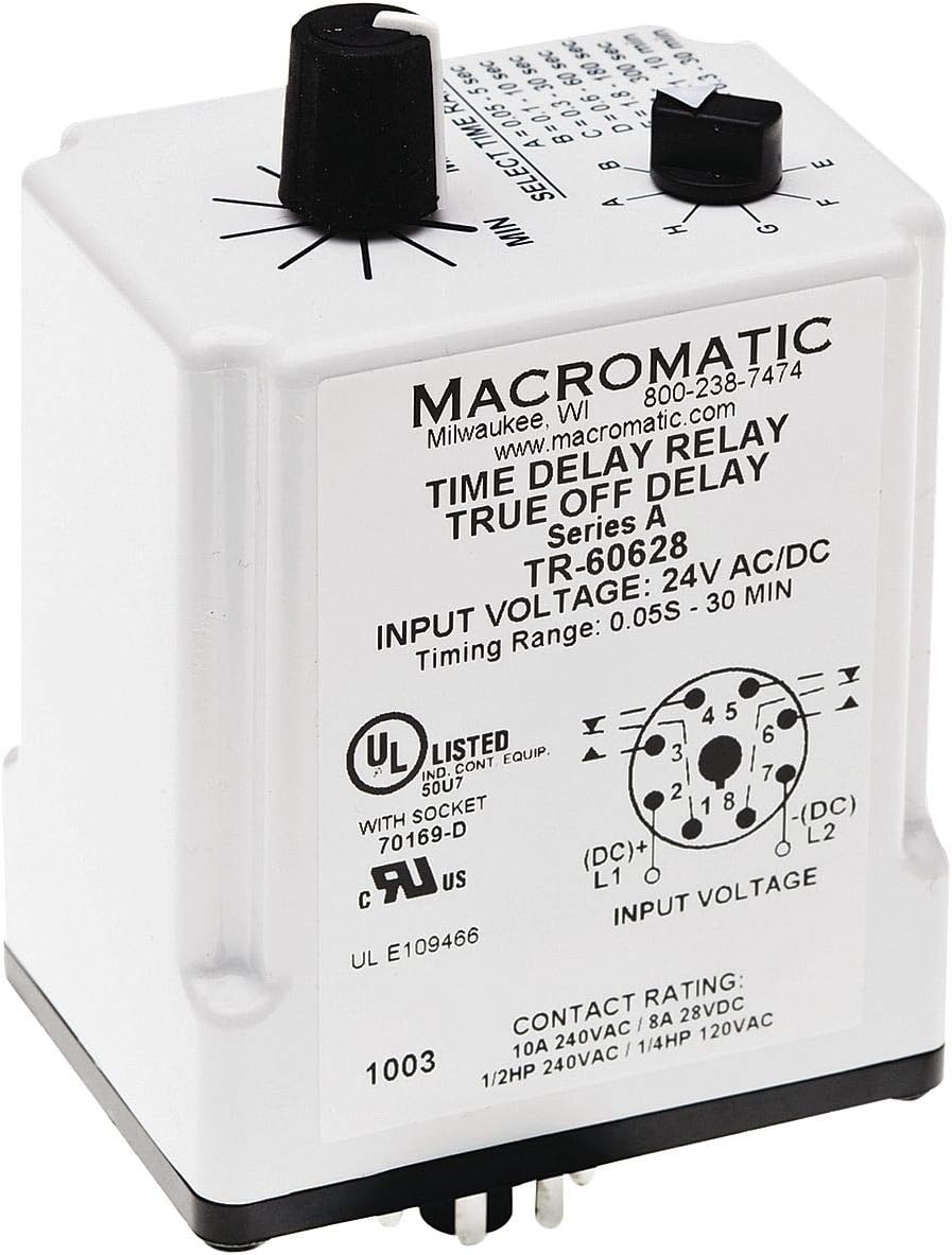 Macromatic Time Delay Relay, 24VAC/DC Coil Volts, 10A Contact Amp Rating (Resistive), Contact Form: DPDT - TR-60628
