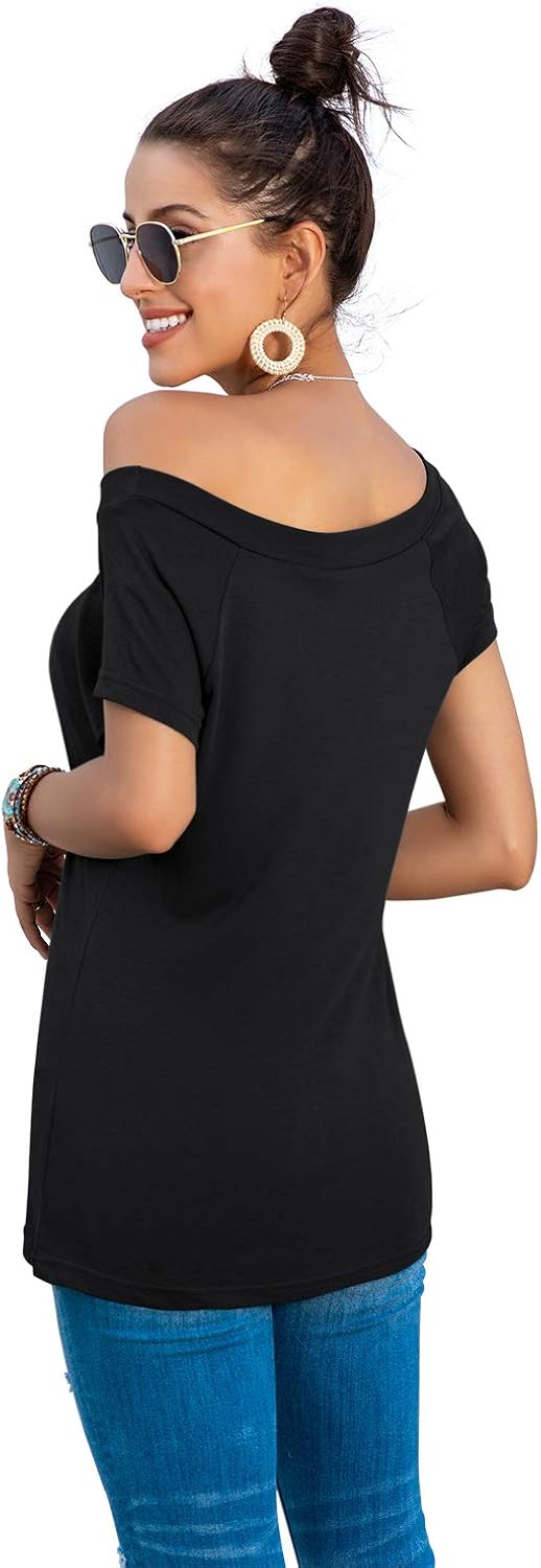 HIYIYEZI Women's Off The Shoulder Tops Summer Casual Short Sleeve T Shirts at  Women’s Clothing store