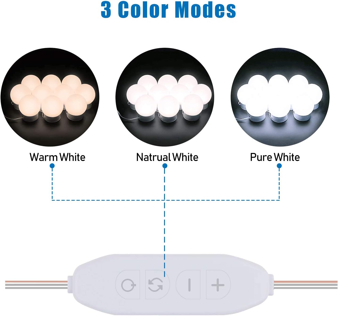 Mirror Lights, Hollywood Style LED Vanity Mirror Lights Kit with 10 Dimmable Bulbs, USB Cable Vanity Lights for Mirror with 3 Color Modes & 10 Adjustable Brightness (Mirror & USB Charger Not Include): Home Improvement