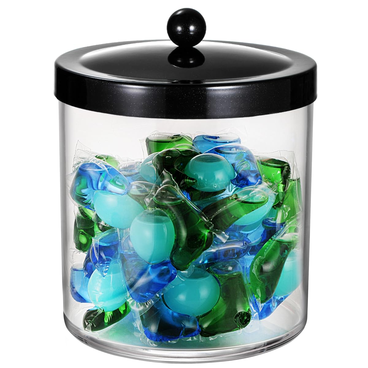 SheeChung 50oz Large Plastic Apothecary Jar with Black Stainless Steel Lid - Shatterproof Laundry Pods Container - Modern Industrial Bathroom & Kitchen Storage Organizer for Scent Beads, Bath Bombs