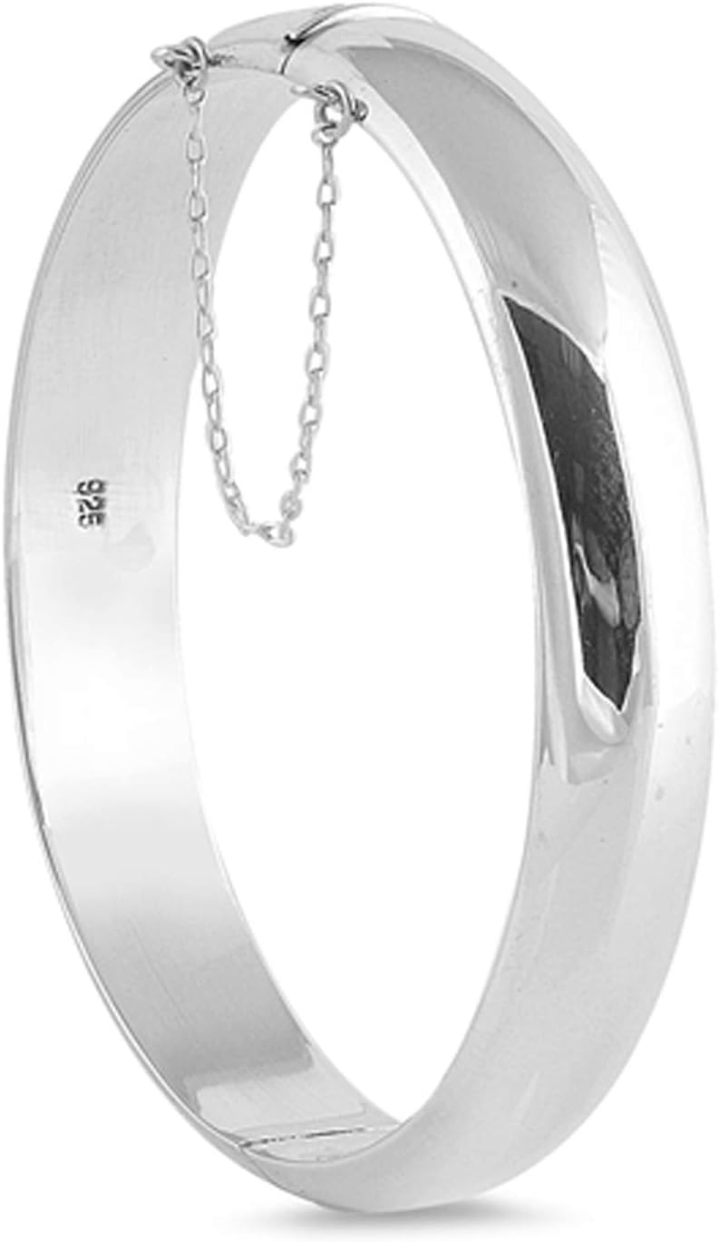Round Polished Half Dome Hinged Bangle Bracelet With Safety Chain - 925 Sterling Silver