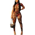 ksotutm Sexy Jumpsuits for Women Mesh Print Short Sleeve Bodycon Jumpsuit