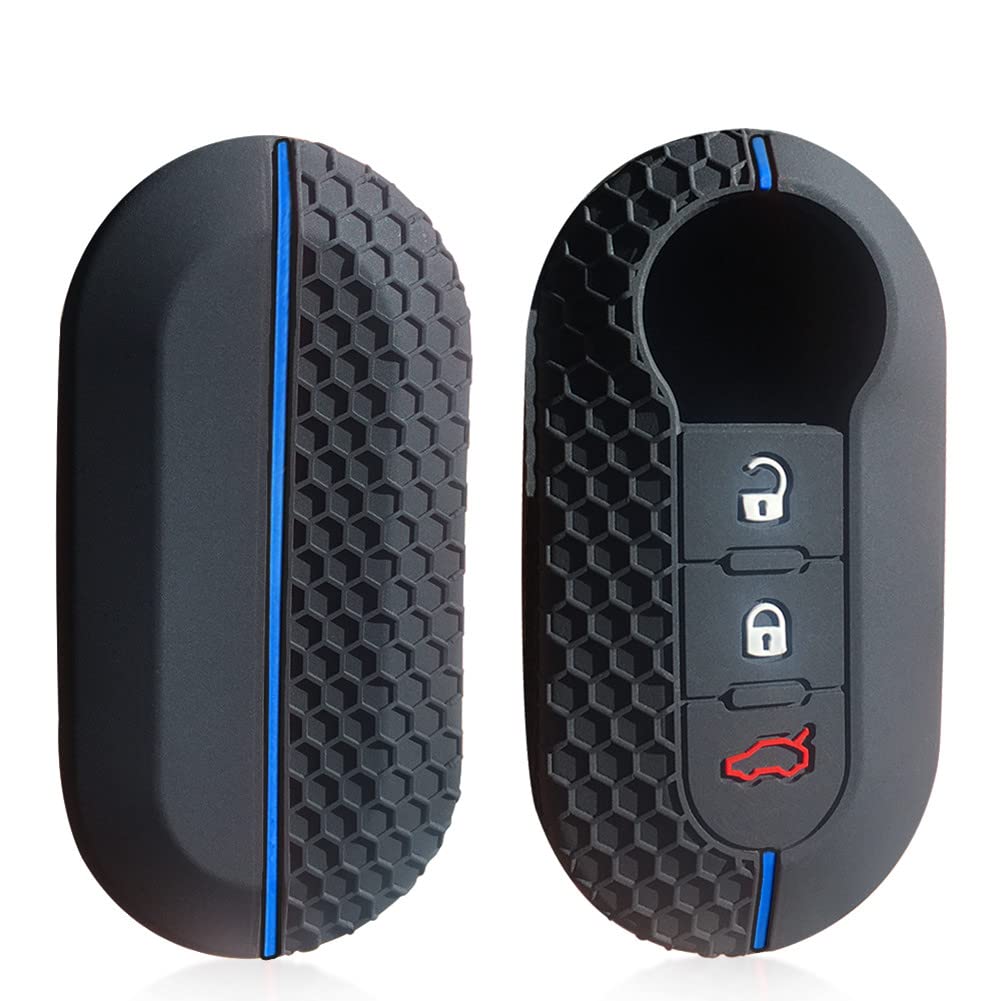 OTMIK Silicone Car Key Cover Compatible with Fiat 500 Ducato panda 500L Soft Flip Key Case 3 Buttons (Blue Line)