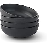JoyJolt Mesa 30oz Stoneware Pasta Bowls Set of 4, Salad and Serving Bowls for Kitchen, Oatmeal, Soup, Dinner - Matte Black, Dishwasher and Microwave Safe, Wide and Shallow Plate