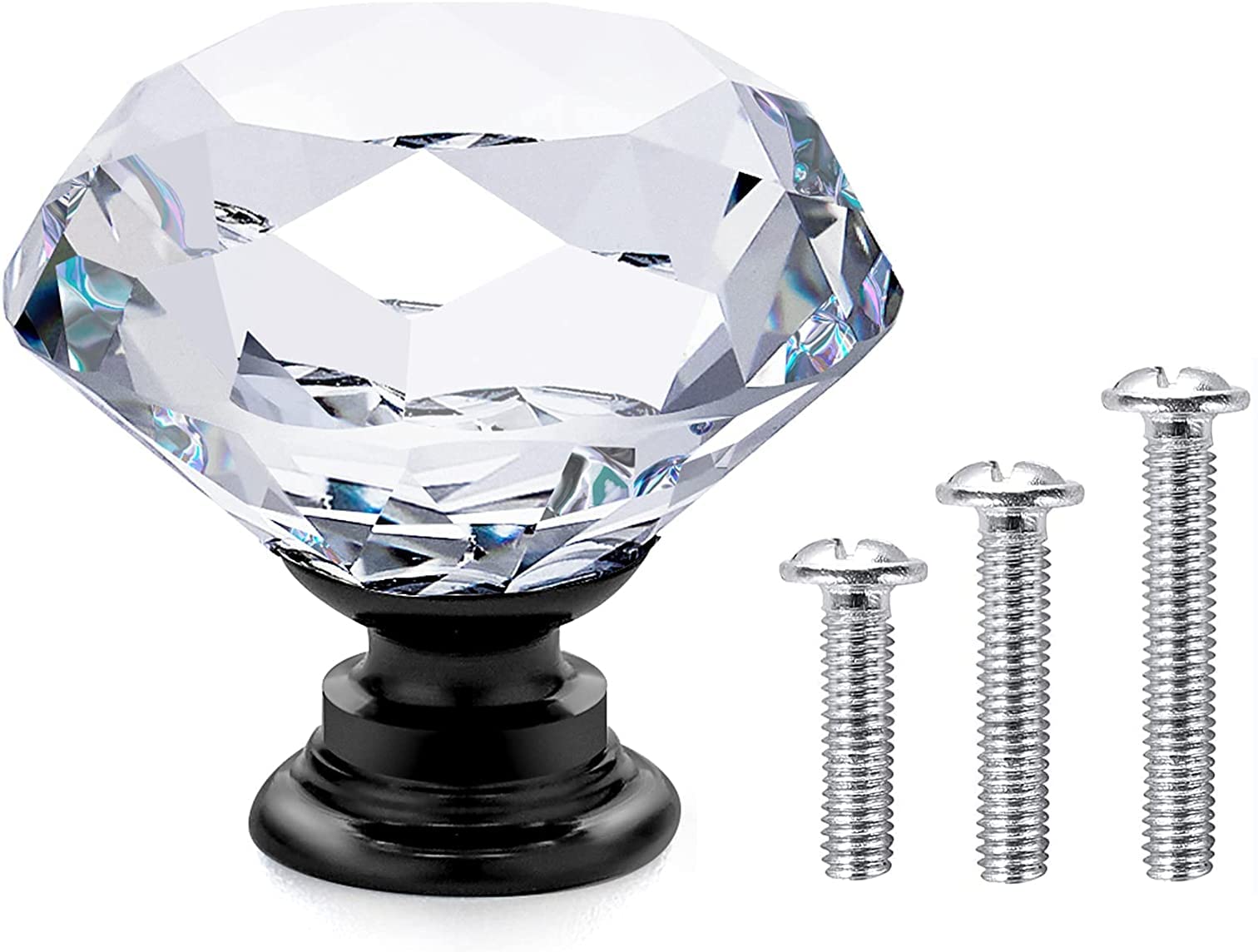 Vandicka 20 Pack 30mm Crystal Glass Cabinet Door Knobs Cupboard Wardrobe Dresser Drawer Pull Handles (Clear Diamond + Black Base) with Mounting Screws in 3 Sizes — image 1