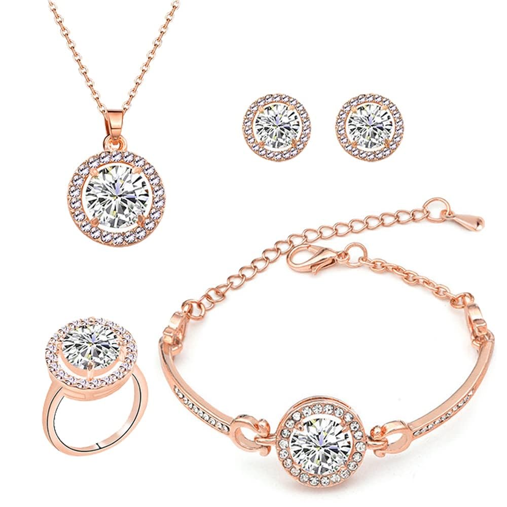 TOFBS Jewellery Set for Women and Girls Halo Pendant Necklace Earrings Bracelet and Ring Set Cubic Zirconia Jewellery Set (Rose gold)