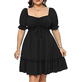 Pinup Fashion Women Plus Size Casual Puff Sleeve Sweetheart Neckline Smocked Short Summer Babydoll Cute Mini Dress