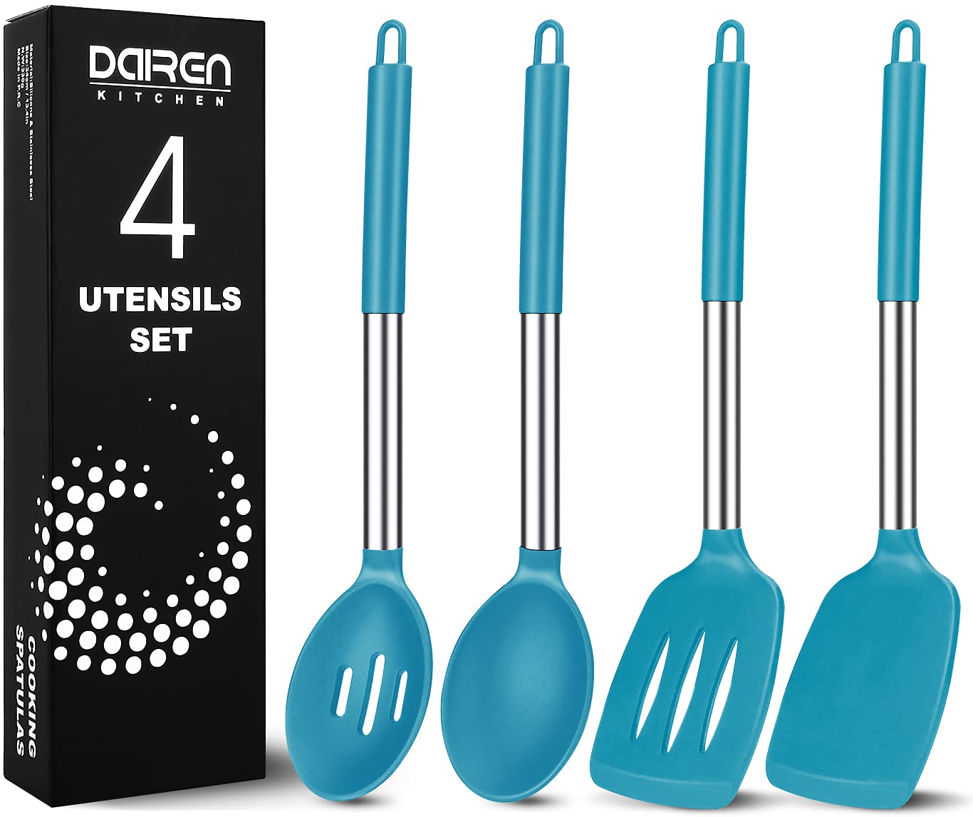 Silicone Cooking Spatulas and Spoons, 4 Pack Heat Resistant Silicone Cooking Utensils Set, Non Stick Large Kitchen Silicone Spatula and Spoons for Cooking, Mixing, Serving, Draining, Blue