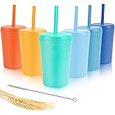 10 oz Wheat Straw Cups with Lids and Silicone Straws, Unbreakable Drinking Glasses, Plastic Cups for Kitchen, Small Tumbler Cups with Cleaning Brush, BPA Free, Dishwasher & Microwave Safe, 6 Pack