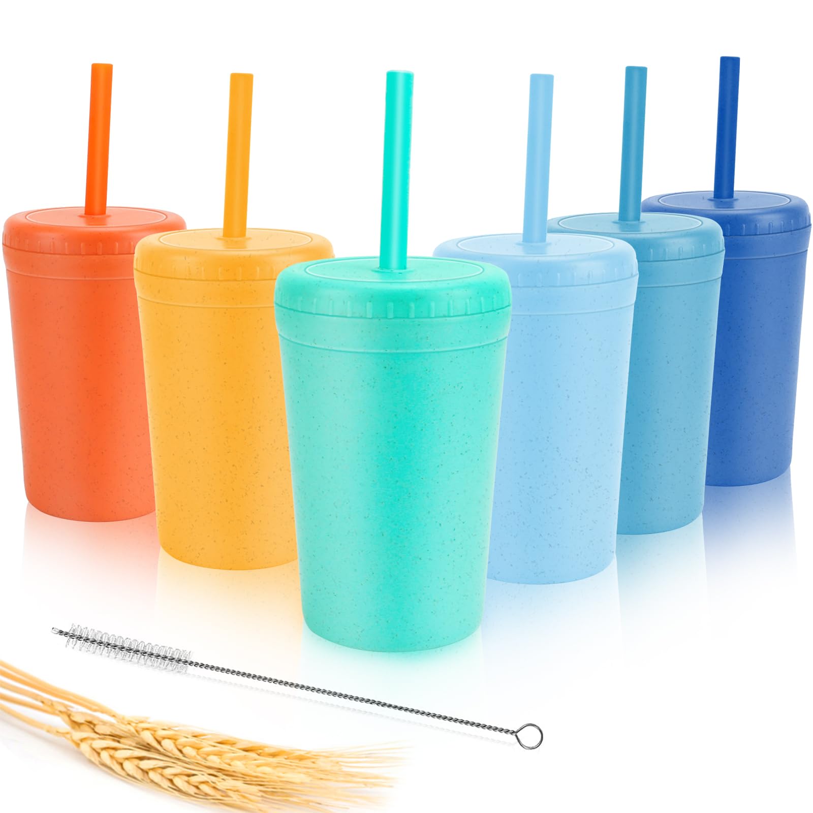 Photo 1 of 10 oz Wheat Straw Cups with Lids and Silicone Straws, Unbreakable Drinking Glasses, Plastic Cups for Kitchen, Small Tumbler Cups with Cleaning Brush, BPA Free, Dishwasher & Microwave Safe, 6 Pack