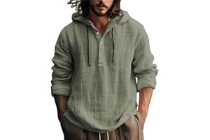 Men's Linen Hooded Shirt, Lightweight Long Sleeve Button Up, Regular Fit Cotton Beach Tops for Casual Summer Wear
