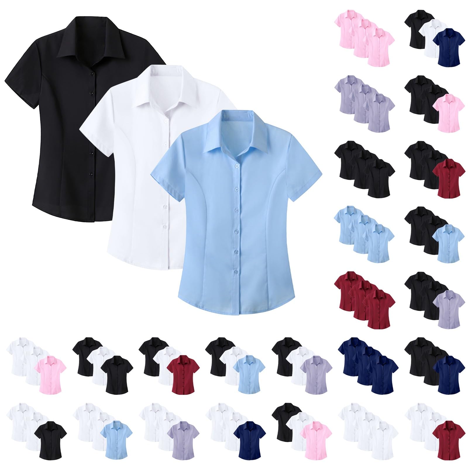 JOASDAO Short Sleeve Work Shirts Women 3 Pack Professional Interview Clothes Regular Fit 4-Way Stretch Button Up Wrinkle Free Non Iron Office Wear Business Casual Oxford Dress Shirts