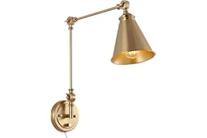 WINGBO Vintage Adjustable Swing Arm Wall Lamp Foldable Gold Wall Light Plug-in Cord Industrial Wall Sconce Plug in or Hardwire with On/Off Switch Wall Mounted Reading Light Fixture Bedside Lamp