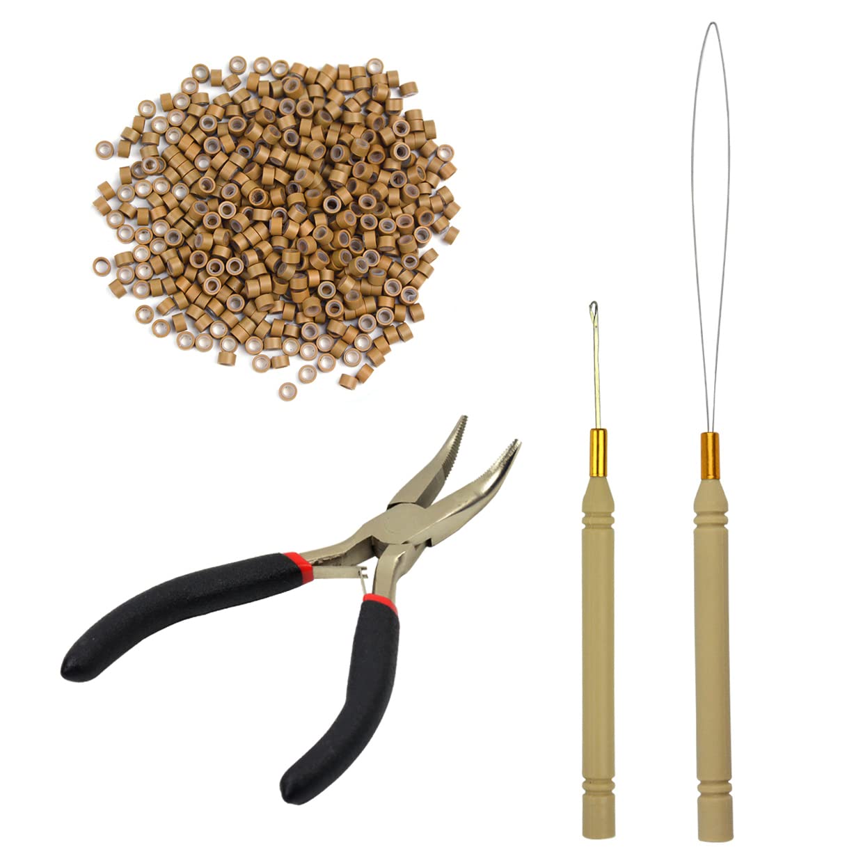 Hair Extensions Pliers Tool Kit Hair Pliers Pulling Hook Bead Device Loop Threader and 500pcs 5.0mm Silicone Lined Micro Rings (Dark Blonde) — image 1