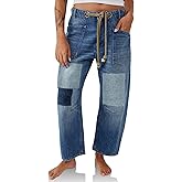 PLNOTME Womens Baggy Barrel Horseshoe Jeans Wide Leg Patchwork Low Rise Denim Pants with Pockets