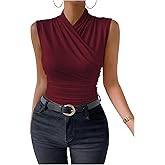 SweatyRocks Women's Ruched Wrap Mock Neck Tank Tops Casual Sleeveless Solid Slim Fit Tank Top