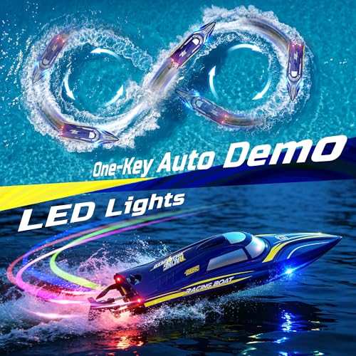 DEERC 14" Fast RC Boat for Kids & Adults, 32+ KPH Remote Control Speed Boat with 2x1200mAh Batteries, Auto Self-Righting Waterproof Toy for Lakes & Pools