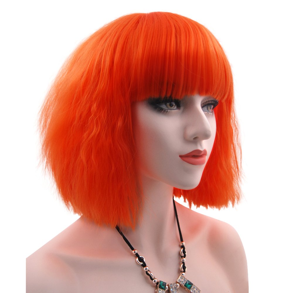 eNilecor Women Short Bob Fluffy Hair Full Wigs with Bangs Heat Resistant Kinky Straight Custom Cosplay Party Wigs (Orange)