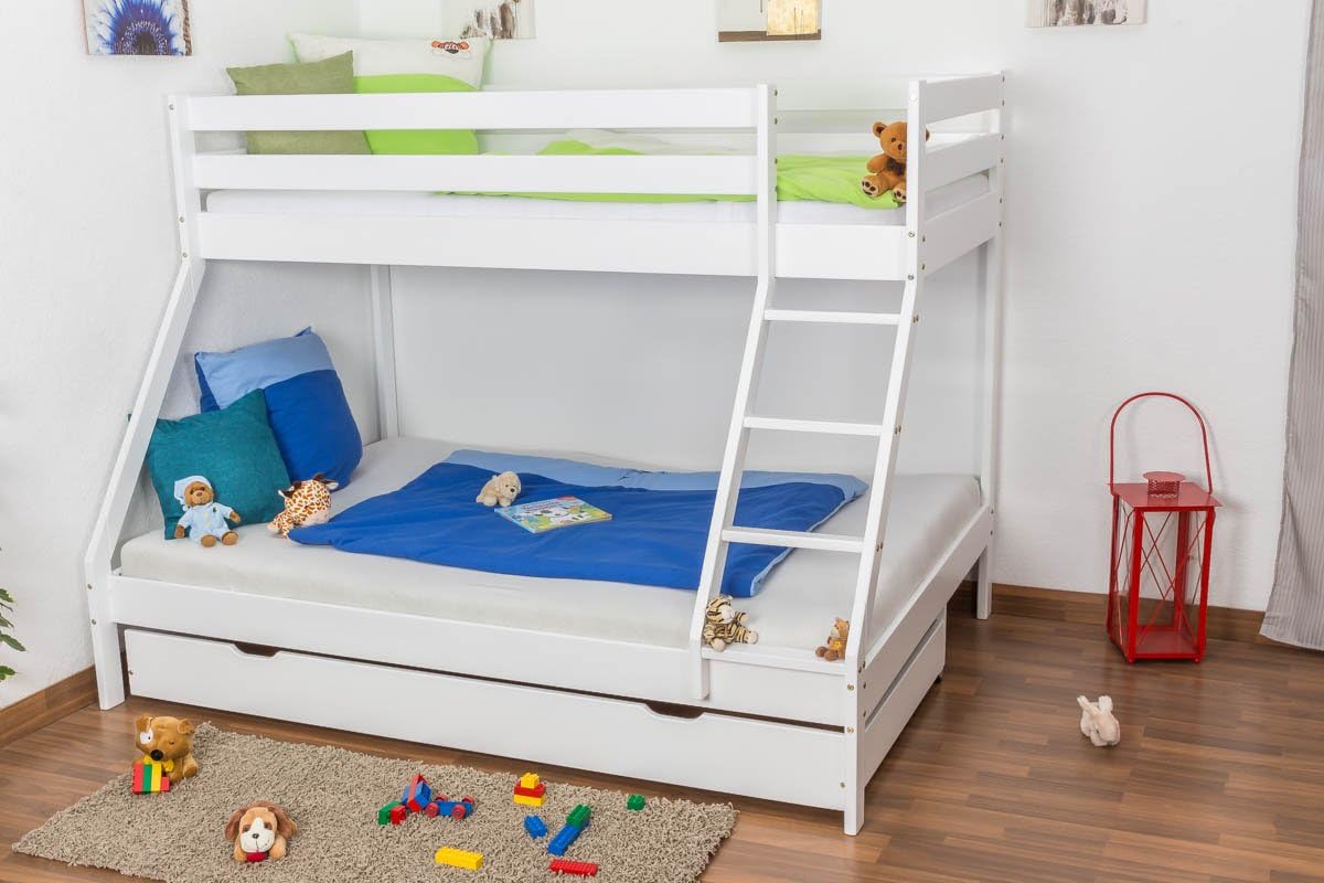 Triple Sleeper Bunk Bed Lukas, Solid Beech Wood, White, incl. slatted