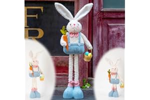 unanscre Large Easter Bunny Gnome Plush Decoration - Standing Rabbit Gnome Stuffed w/Retractable Spring Leg(20’’-30’’) Handmade Hold Easter Eggs Basket & Carrot Doll for Home Ornament Farmhouse Decor