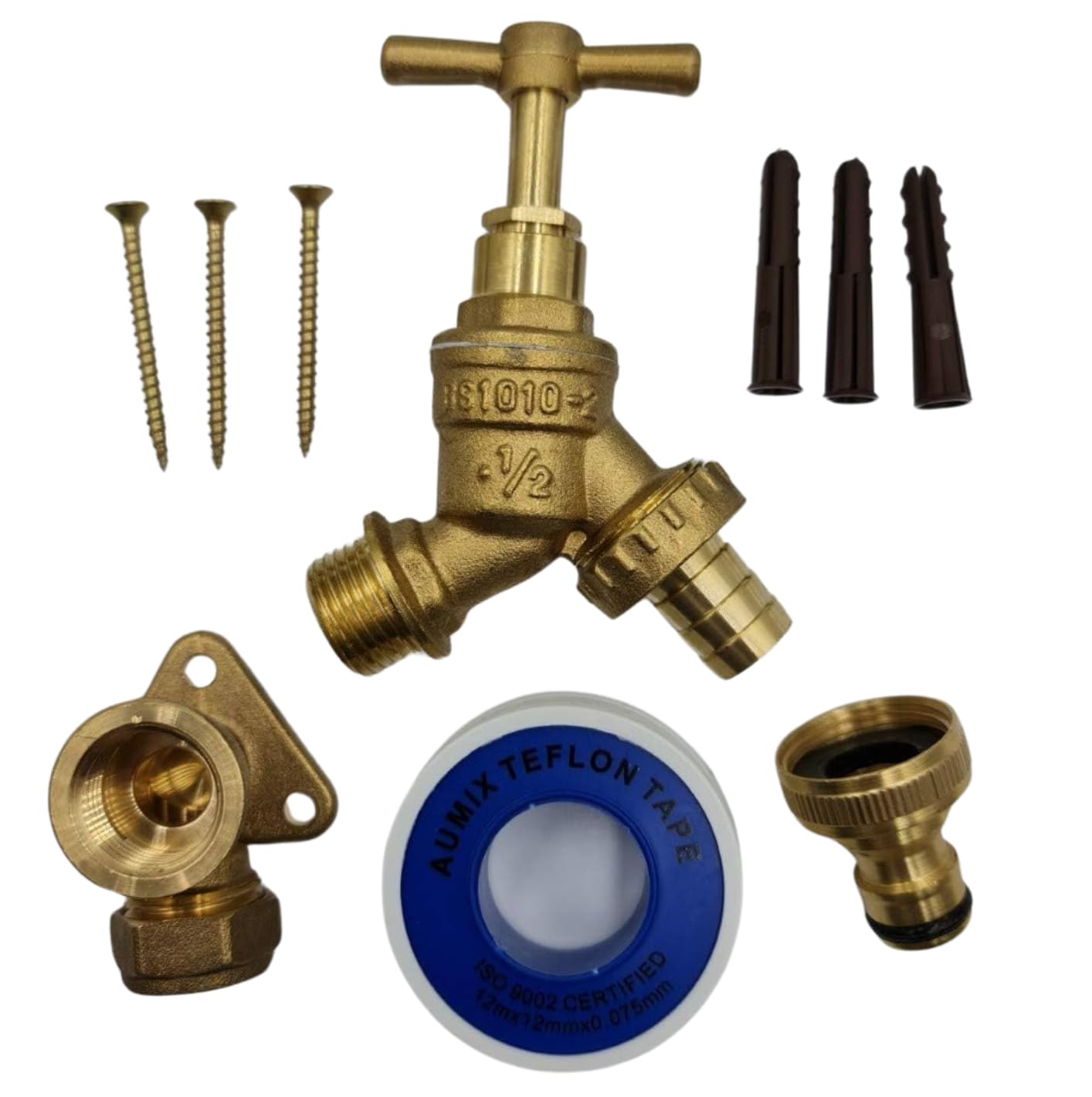 UKDD® Outdoor Garden Tap Kit - Inc. Wall Plate Elbow Fixing Screws with wall plugs