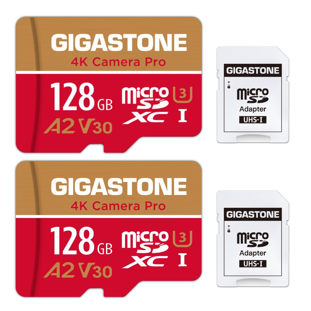 [5 Years Free Data Recovery] Gigastone Memory Card 128GB 2 Pack 4K Pro Camera, Compatible with GoPro Switch, Speed 100MB/s. A2 U3 V30 Micro SDXC Card with SD Adapter.