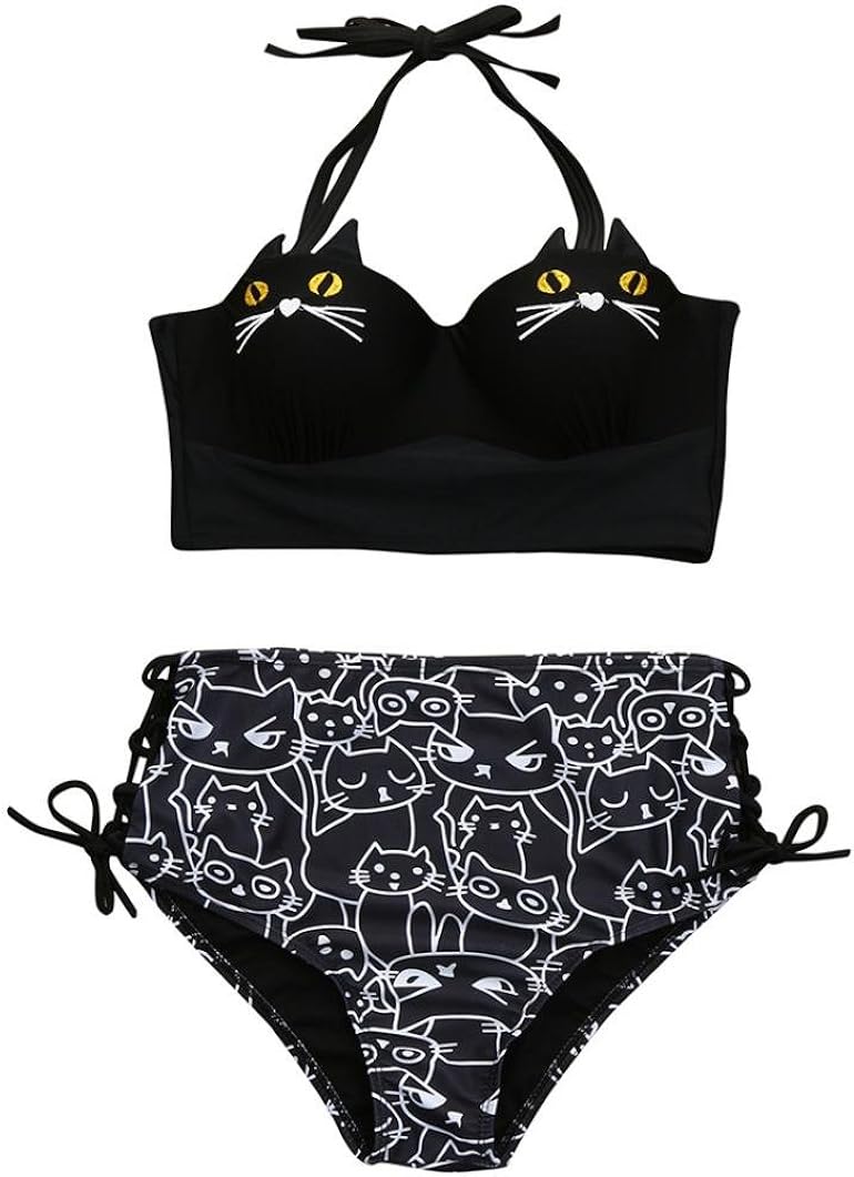 WOCACHI Women 2020 Summer Girls Cute Halter Kitty Cat Bikini Set Underwire Padded Bathing Swimsuit Swimwear