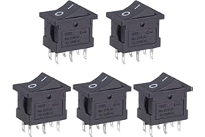 VEXUNGA Mini Rocker Switch On Off 6 Pin 2 Position 10A 125V AC 6A 250V Black Boat Rocker Toggle Switch KCD1 SPST Snap-in Square Switches for Car Marine Home Appliances (Pack of 5pcs)