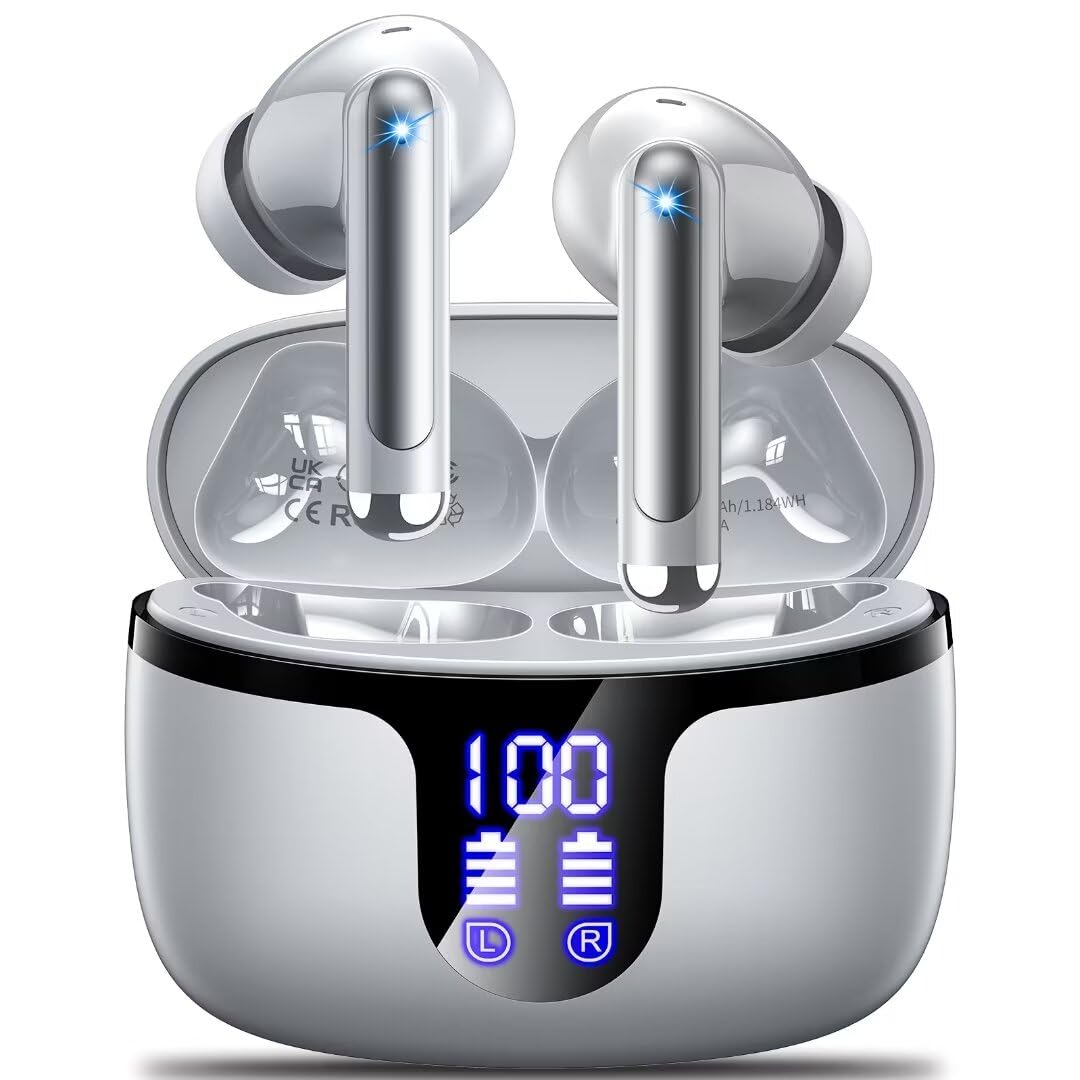 Wireless Earbuds, Bluetooth 5.3 Headphones In Ear with 4 ENC Noise Cancelling Mic, 2024 New Bluetooth Earbuds Deep Bass Stereo Sound, 50H Playtime LED Display Wireless Earphones IP7 Waterproof -Grey