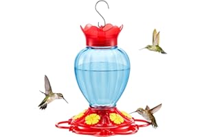 TOP XIAN Hummingbird Feeder 20 oz, Glass Hanging Hummingbird Nectar with Feeder 6 Feeding Mouthpieces,Wild Bird Feeder Containing Ant Moat,Outdoor Garden Decor Hummingbird (Glass, Blue 1pc)