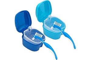 GEODURN Denture Cleaner Box and Brush Set - 2 Pack Denture Bath Case with Basket + 2 Pack Denture Brushes, Portable Denture Retainer Storage Box, False Teeth Brushes for Oral Care