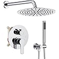 Iriber Chrome Shower System Wall Mounted Shower Faucet Mixer Set with 12 Inches Round Rain Shower head and Handheld, Bathroom Rainfall Polished Chrome Shower Trim Kit Contain Valve