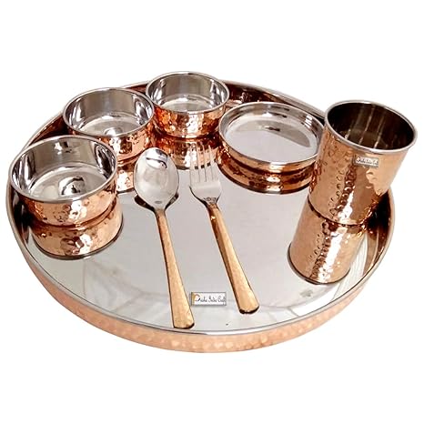 Prisha India Craft Steel Copper Dinner Thali Set Diameter 13
