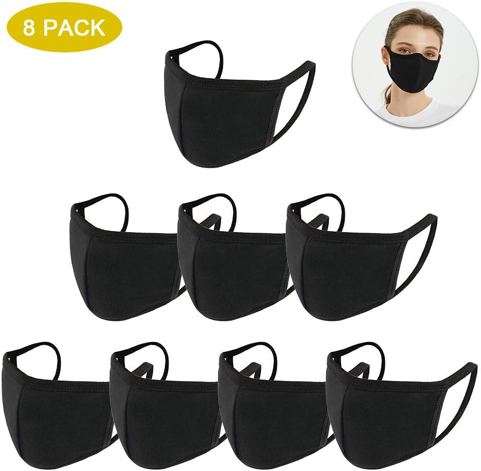 Jenam 8 Pcs Unisex Black Cotton Face Mouth Mask Washable Reusable Cloth Face Masks for Men Women, Anti Dust Masks for Outdoor Activities Cycling Camping Gardening Travel (8)