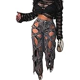 Vaceky Hollow Out Jeans Women Y2K Trendy High Waist Straight Leg Stretchy Summer Denim Pant