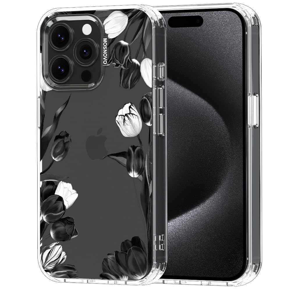 MOSNOVO Case for iPhone 15 Pro Max, [Buffertech 6.6ft Military-Grade Drop Protection] [Anti Peel Off Tech] Clear TPU Bumper Phone Case Cover Design - Black White Tulips — image 1