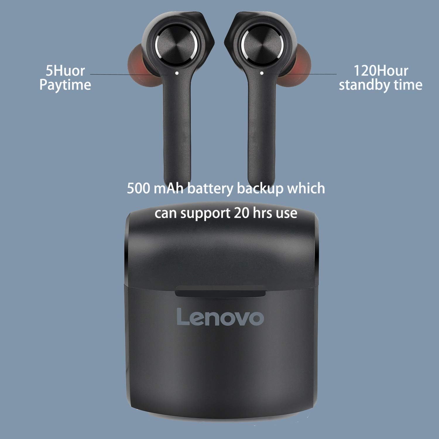 Lenovo HT20 True Wireless Earbuds, Bluetooth 5.0, IPX5 Sweat and Water Resistant, Microphone, In-Ear Earphones, Bass Control, Fast Recharge with Magnetic Charging Case, Black - Image 5