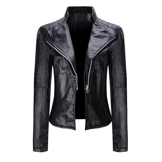 Geili Damen Lederjacke Bikerjacke Kunstleder Mit Reverskragen Frauen Coole V Ausschnitt Reißverschluss Jacke Klassische Kurz 