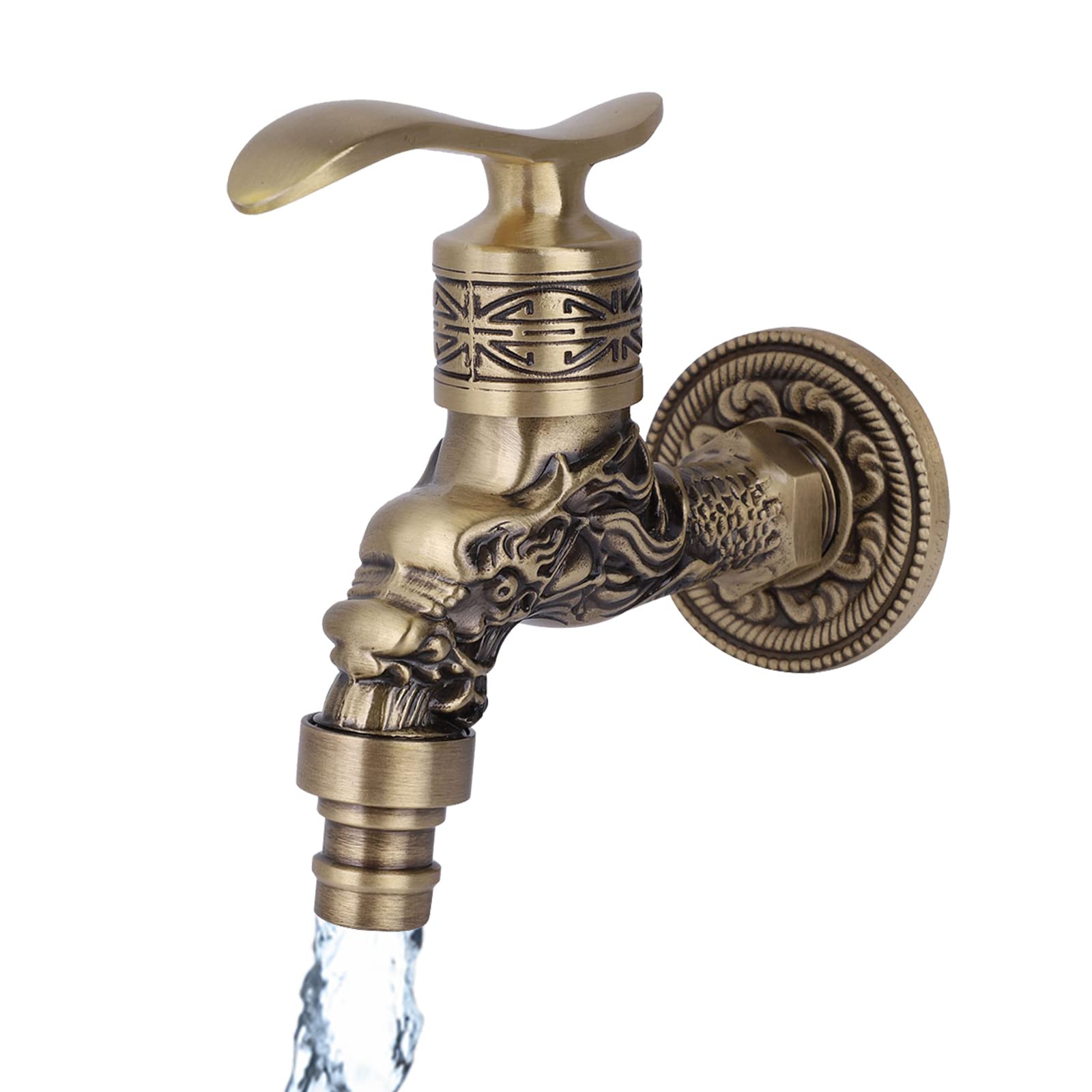 Hapivida Bathroom Tap, Antique Brass Wall Mounted Single Cold Water Tap with Dragon Head Design for Washing Machine, Mop Pool, Garden Sink, Vintage Basin Tap