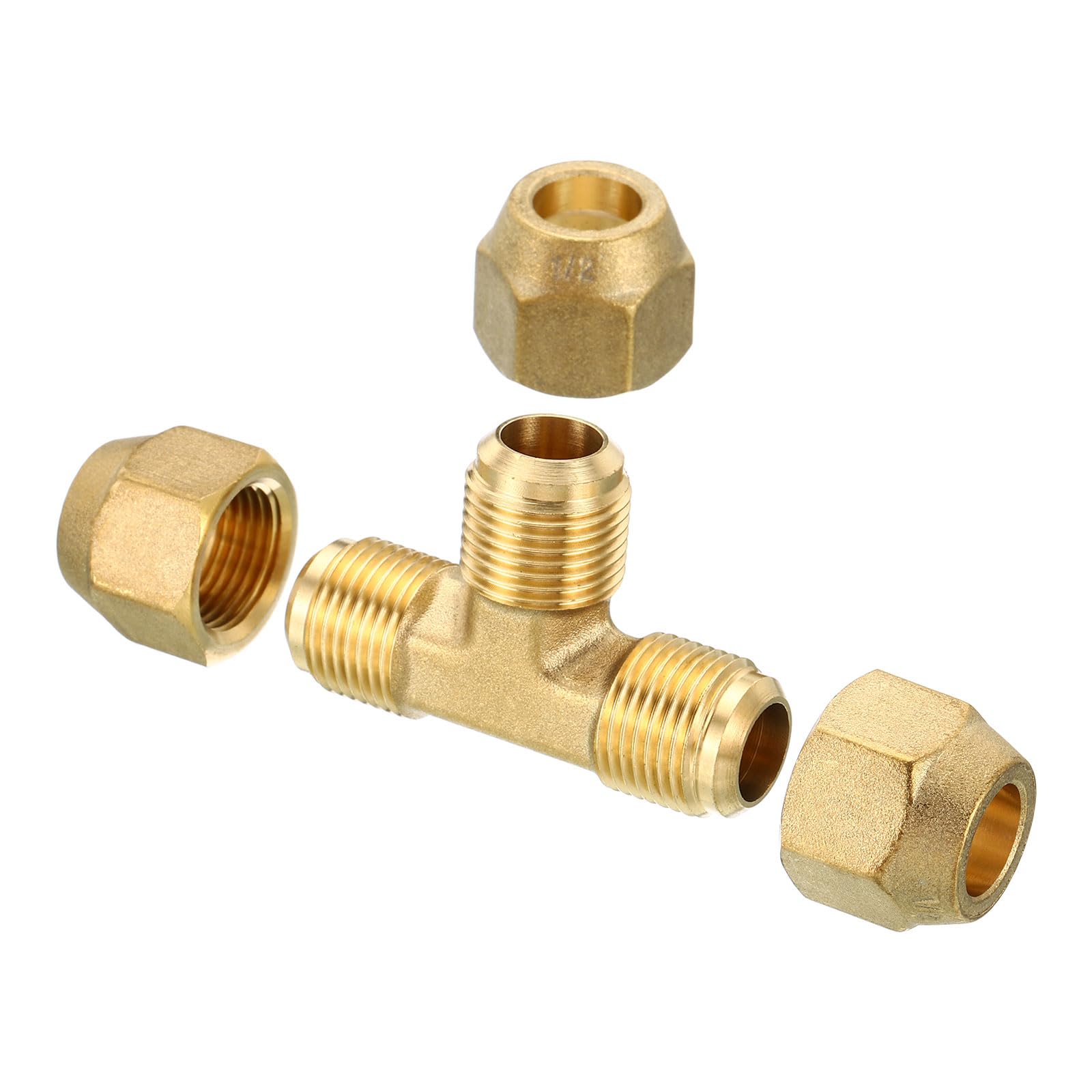 PATIKIL 1/2" x 1/2" x 1/2" Brass Pipe Fitting, Flare Tee Tube Fitting Pipe Adapter Connector with Nut for Air Conditioner Refrigeration Plumbing