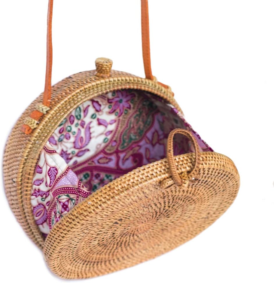 Bali Harvest Round Woven Ata Rattan Bag Batik Linen Inside and Bow Clasp (with Genuine Leather Strap)