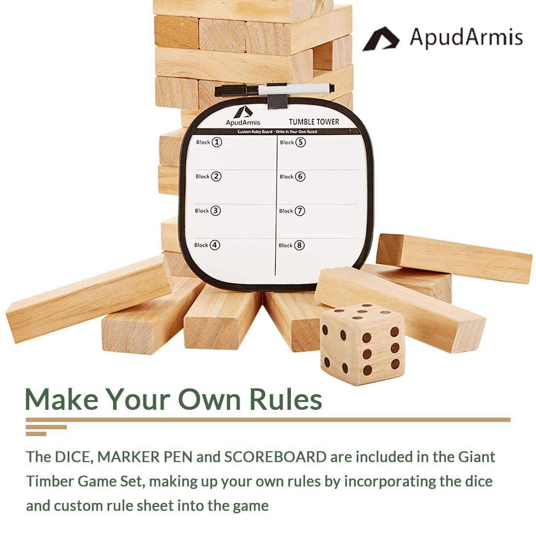 ApudArmis 54 PCS Tumble Timber Set [Up to 3.2FT], Pine Wooden Tumble Tower Game with Dice and Scoreboard Set - Classic Block Stacking Board Game for Teens Children Teenagers