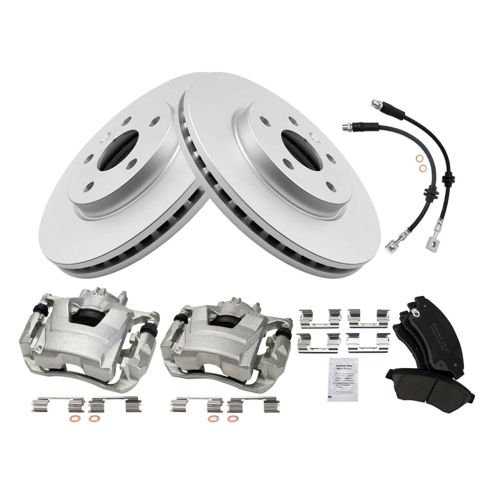 TRQ Front Brake Pad and Rotor Set Ceramic G Coated Rotors Calipers Hoses Compatible with 2013-2014 Chevrolet Cruze Image