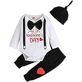 ODIMAME My 1St Valentines Baby Boy Outfits Gift Newborn Romper Clothes Pants Set Cute Hat 0-18 Months