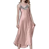 ASHER FASHION Satin Nightgowns for Women Long Silk Nightdress Vintage Lace Chemise Maxi Sleepwear