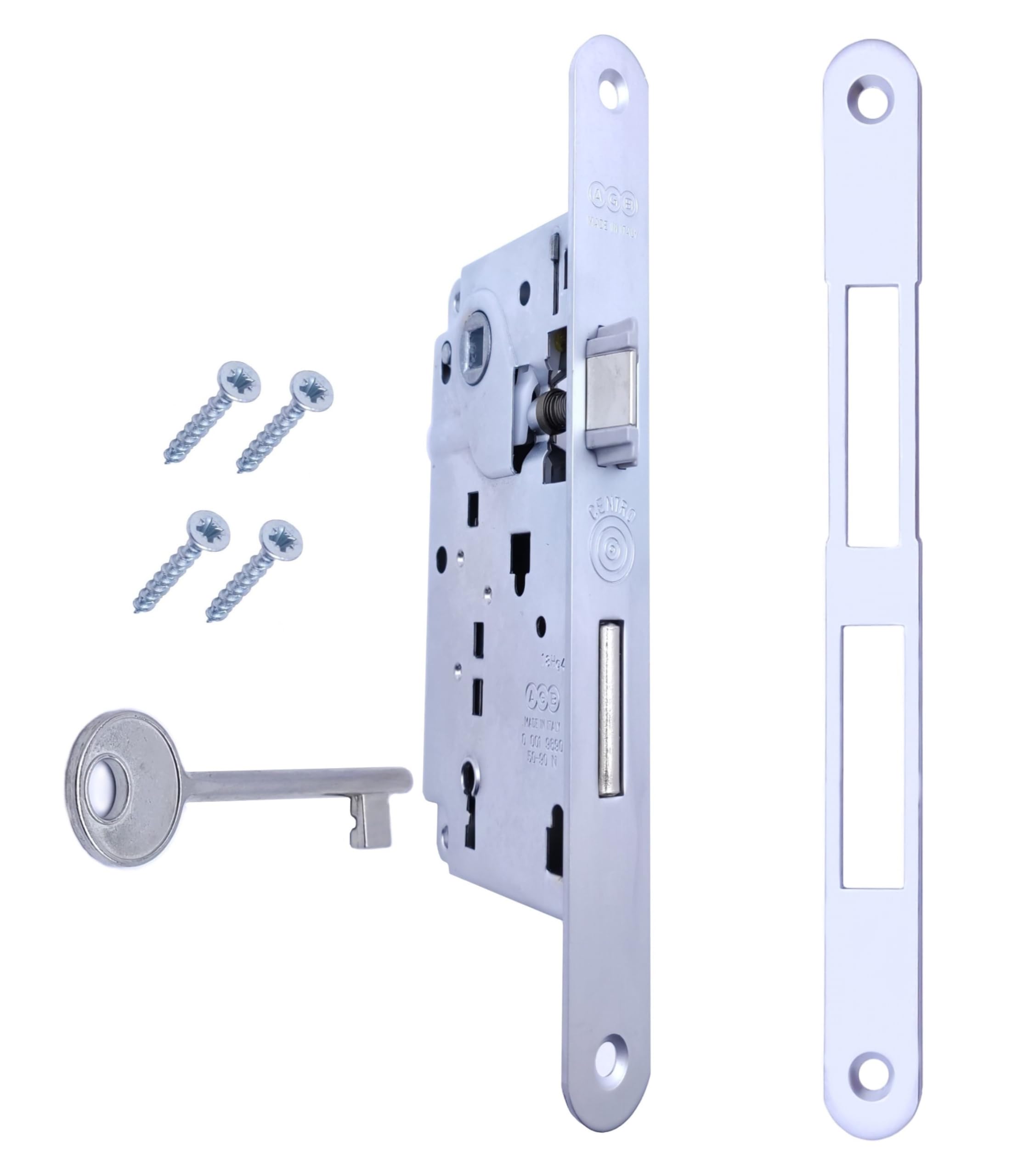 AGB Centro Series Internal Door Lock. Entrance 50, Wheelbase 90 (Front 18 x 196, Key Latch, Matt Chrome)