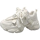 Aimery Womens Leather Platform Chunky Heels Sneakers Casual Breathable Lace Up Walking Dad Shoes Comfortable Fashion Sneakers