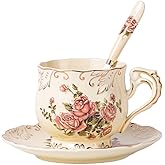 YOLIFE Tea Cup and Saucer Set, 8 oz Tea Cup Set, Teacup, Ceramic Tea Cup with Suacer Spoon, Ivory Vintage Rose Floral with Gold Leaves Trim, Gifts for Women