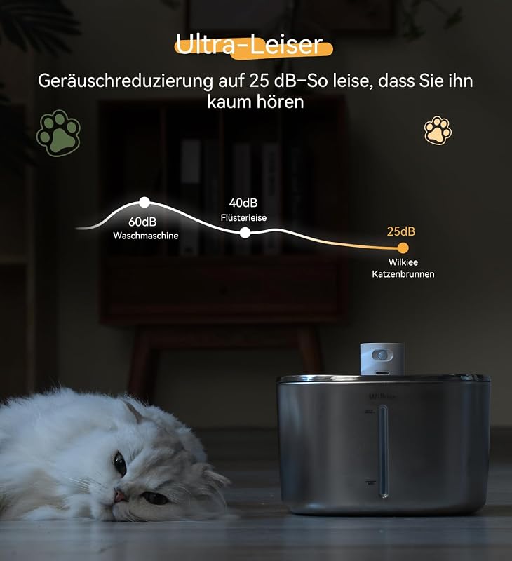 Katzenbrunnen Edelstahl Kabellos 4.1L mit Sensor 3 Modi & 4000mAh