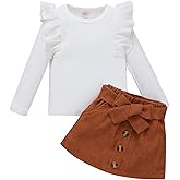 DUBASAM Trendy Kids Toddler Baby Girl Fall Outfit Ruffle Long Sleeve Knit Blouse Pullover Top Mini Skirt with Belt Clothes